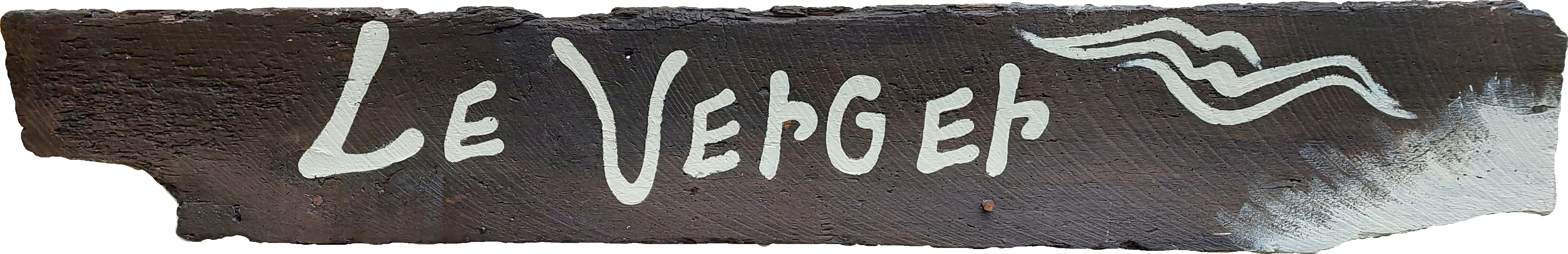 Logo du site: un morceau de bois brun avec les mots 'Le Verger' écrits dessus en peinture blanche